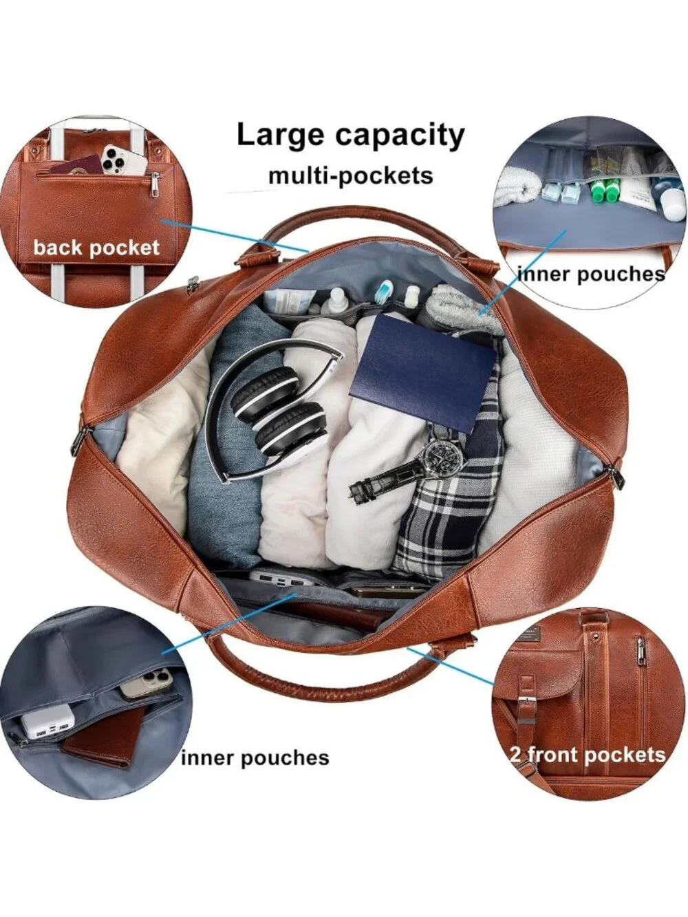Large Faux Leather Travel Duffel Bag with Shoe Compartment - Waterproof